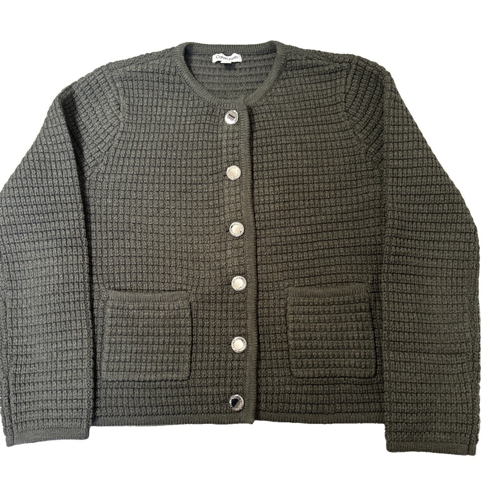 Gorgeous Calvin Klein Women's  Grey Cardigan Sweater. Sz Large  Classic !